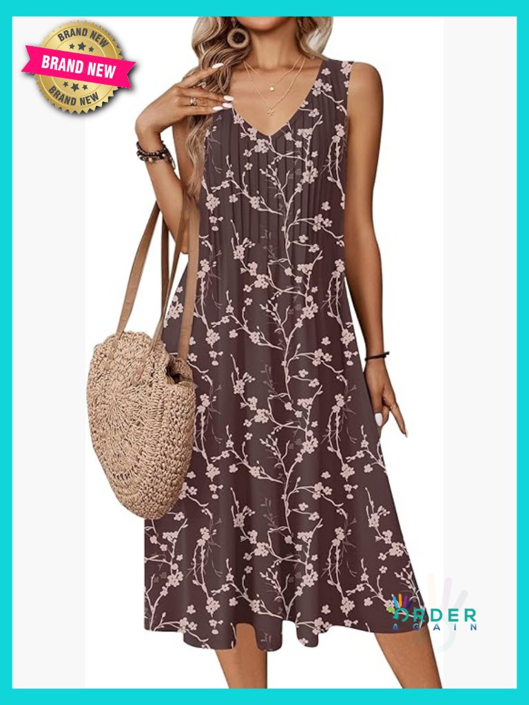 Sleeveless Midi Sundress With Pockets V-Neck A-Line Swing Casual Summer